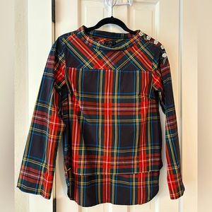 J.Crew tartan plaid blouse with rhinestone buttons on shoulder
